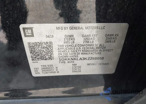 2019 GMC Acadia Sle-1 z USA, uszkodzony, nr VIN 1GKKNKLA3KZ259059